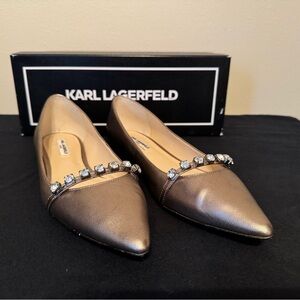 Karl Lagerfeld | Colette Metallic Pointed-Toe Flats with Crystal Strap Size 8.5